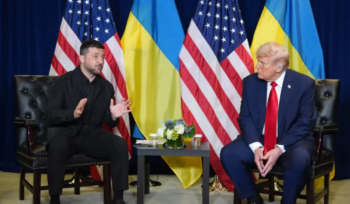 O encontro entre Volodymyr Zelensky e Donald Trump durante a Assembleia Geral das Nações Unidas, 23 de setembro de 2025, em Nova York (AP Photo/Evan Vucci)